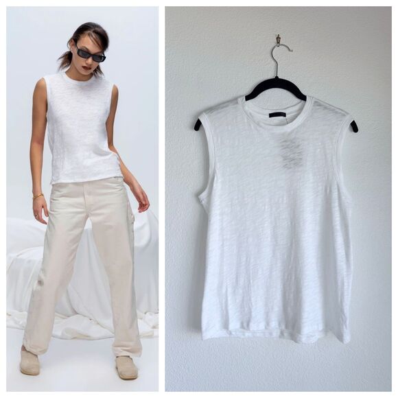 NWT ATM Women's 100% Cotton Slub Jersey Sleeveless Schoolboy Tee in White Size S - Picture 1 of 13